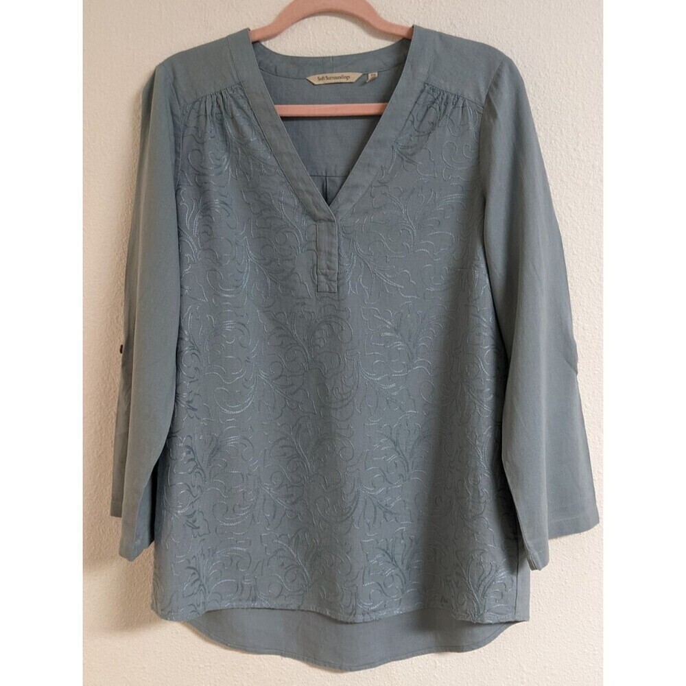 Women's Soft Surroundings Blue Lillith Arona Linen Boho Tunic Embroidered Top PM - Picture 4 of 13